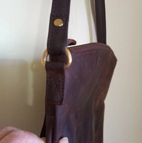 Rustic Dark brown floral embossed burnished leather crossbody bag - Picture 8 of 11